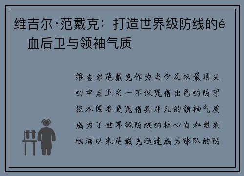 维吉尔·范戴克：打造世界级防线的铁血后卫与领袖气质
