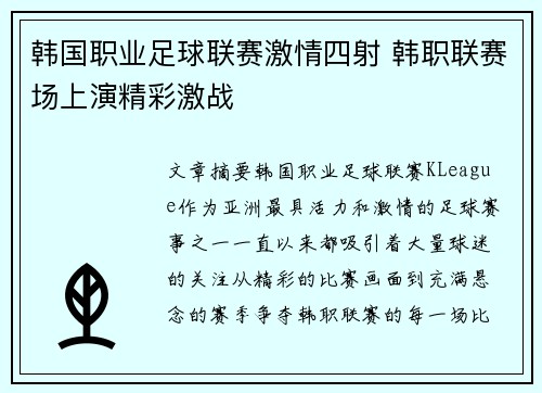 韩国职业足球联赛激情四射 韩职联赛场上演精彩激战